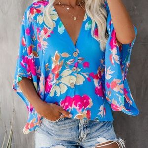 VICI Sing The Blues Floral Button Down Kimono Top